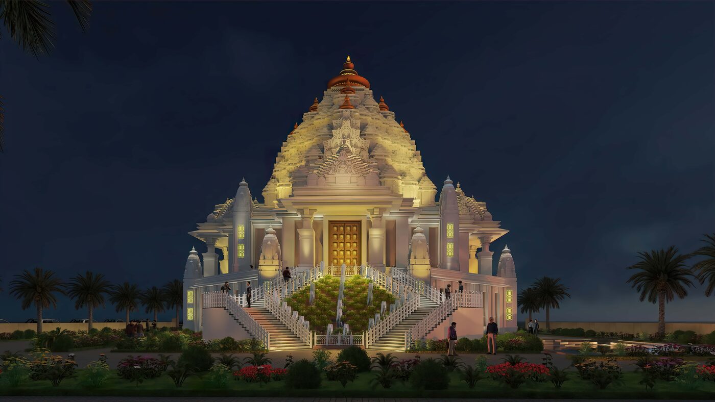 Architectural rendering of the completed Nandgram Dham temple, lit at night